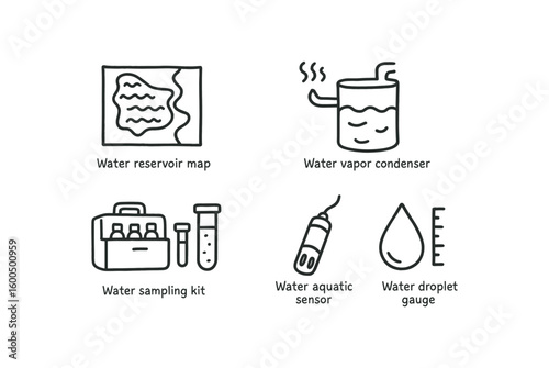hand drawn cute out doodle style isolated water reservoir map water vapor condenser water sampling kit water aquatic sensor water treatment plant water droplet gauge