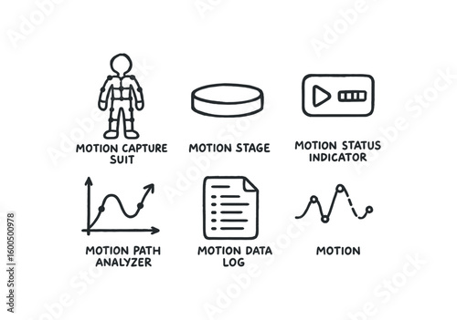 hand drawn cute out doodle style isolated motion motion capture suit motion stage platform motion status indicator motion path analyzer motion data log