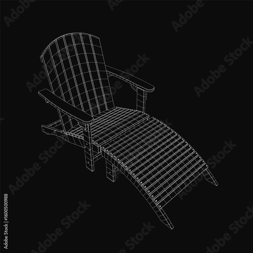 A 3D model of an Adirondack chair with a curved backrest and armrests sits on a black background. The wooden chair features a glossy finish and slatted seat for comfort.