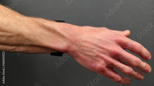 Forearm stretched out with coldinduced discoloration spreading unevenly from fingertips inward capturing severity of cold temperature impact.