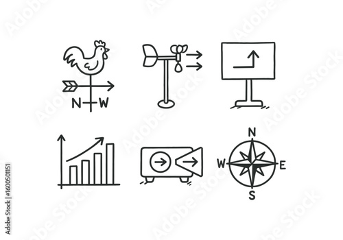 hand drawn cute out doodle style isolated direction wind vane direction airflow sensor direction alignment jig direction histogram chart direction beam projector direction compass rose