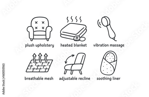 hand drawn cute out doodle style isolated comfort plush upholstery comfort heated blanket comfort vibration massage comfort breathable mesh comfort adjustable rec comfort soothing r