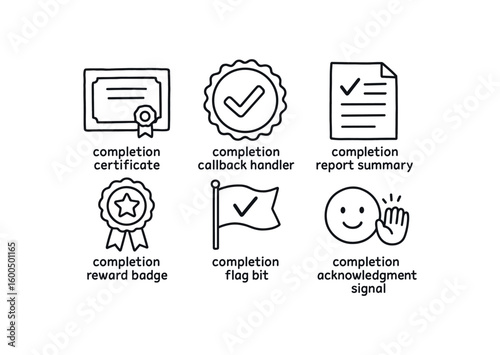 hand drawn cute out doodle style isolated completion certificate seal completion callback handler completion report summary completion reward badge completion flag bit completion