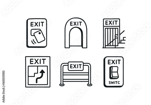 hand drawn cute out doodle style isolated eit keycard reader eit passage arch eit stairwell gate eit evacuation route chart eit safety rail eit override switch