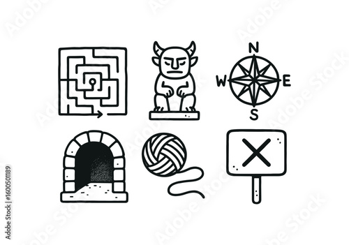 hand drawn cute out doodle style isolated labyrinth trial puzzle labyrinth guardian sculpture labyrinth compass rose labyrinth secret alcove labyrinth navigation thread labyrinth dead end