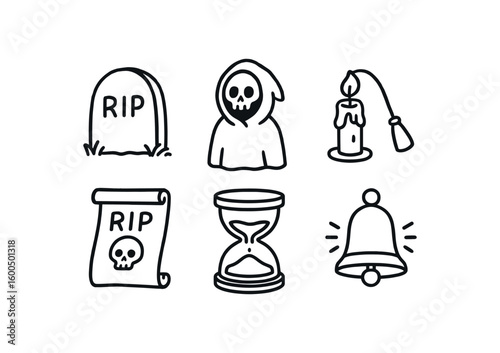 hand drawn cute out doodle style isolated death gravestone emblem death reaper cloak death candle snuffer tool death last rites scroll death hourglass timer death funeral bell