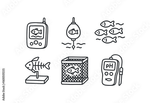 hand drawn cute out doodle style isolated fish gill scanner device fish sonar tracker buoy fish school simulation model fish skeleton mount display fish breeding net mesh fish pH meter probe
