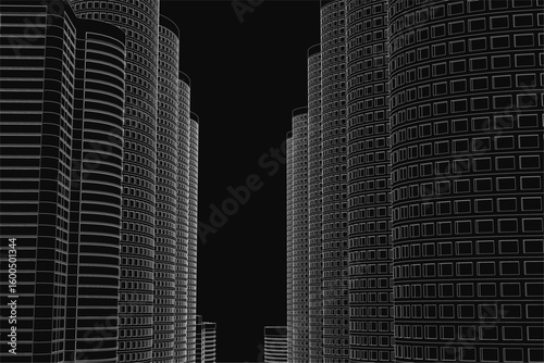 Two towering skyscrapers stand in sharp contrast against a dark urban skyline, their sleek contours defining the modern townscape. The black and white composition emphasizes dramatic architectural.