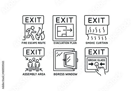 hand drawn cute out doodle style isolated eit fire escape route eit evacuation plan eit smoke curtain eit assembly area sign eit egress window eit break glass point