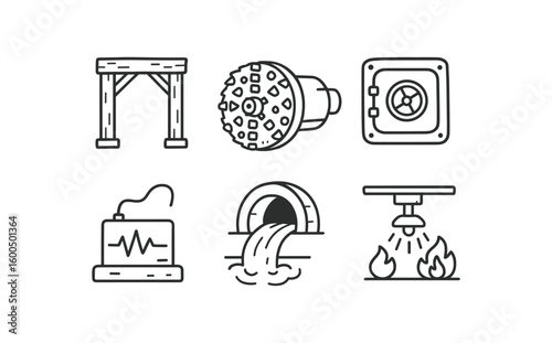 hand drawn cute out doodle style isolated tunnel support beam tunnel boring machine cutter tunnel access hatch tunnel seismic sensor tunnel drainage system tunnel fire suppression