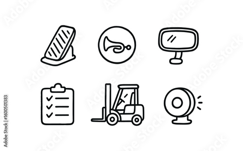hand drawn cute out doodle style isolated forklift operator foot pedal forklift operator horn button forklift operator rearview mirror forklift operator maintenance log forklift operator