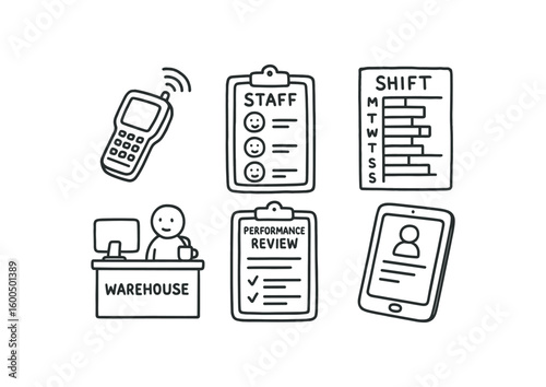 hand drawn cute out doodle style isolated warehouse manager RFID reader warehouse manager staff roster warehouse manager chart warehouse manager office desk warehouse manager performance