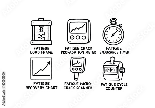 hand drawn cute out doodle style isolated fatigue load frame fatigue crack propagation meter fatigue endurance timer fatigue recovery chart fatigue micro crack scanner fatigue cycle counter