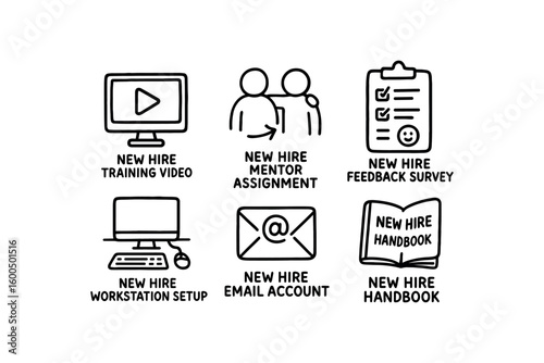 hand drawn cute out doodle style isolated new hire training video new hire mentor assignment new hire feedback survey new hire workstation setup new hire email account new hire handbook