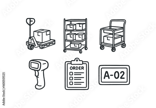 hand drawn cute out doodle style isolated stocker pallet stacker stocker shelving trolley stocker picking cart stocker inventory scanner stocker order sheet stocker bin label