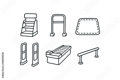 hand drawn cute out doodle style isolated aisle end cap display aisle grab handle aisle walkway mat aisle scanner gate aisle conveyor section aisle handrail bar