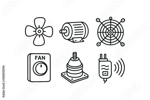 hand drawn cute out doodle style isolated industrial fan blade assembly industrial fan motor housing industrial fan guard grille industrial fan speed regulator industrial fan vibration