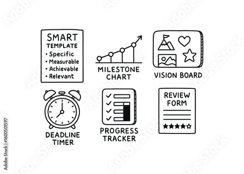 hand drawn cute out doodle style isolated goal setting SMART template goal setting milestone chart goal setting vision board goal setting dead timer goal setting progress tracker goal