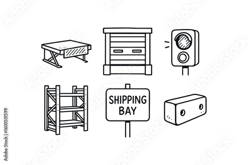 hand drawn cute out doodle style isolated shipping bay dock leveler shipping bay overhead door shipping bay safety shipping bay pallet rack shipping bay signage board shipping bay dock