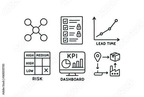 hand drawn cute out doodle style isolated supply chain node network supply chain blockchain ledger supply chain lead time chart supply chain risk matri supply chain KPI dashboard supply