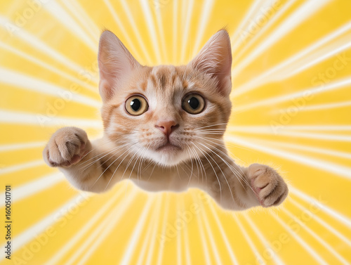 Cute tabby cat with whiskers and paws on a yellow background with playful sunburst effect