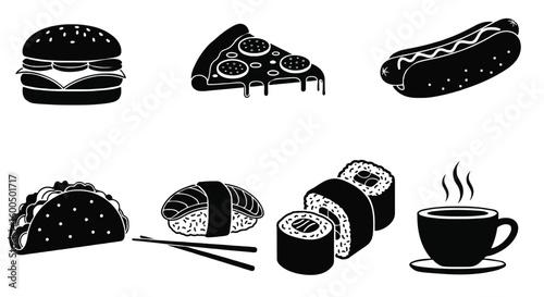 Fast Food & Sushi Icon Set – Black Silhouette Style for Food & Beverage Graphics