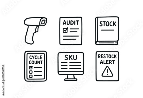 hand drawn cute out doodle style isolated inventory specialist handheld scanner inventory specialist audit report inventory specialist stock ledger inventory specialist cycle count tablet