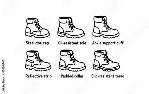 hand drawn cute out doodle style isolated work boots steel toe cap work boots oil resistant sole work boots ankle support cuff work boots reflective strip work boots padded collar work