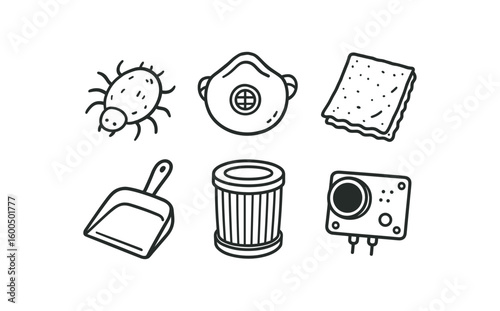 hand drawn cute out doodle style isolated dust mite sample dust mask respirator dust cloth microfiber dust pan scoop dust filter cartridge dust sensor array