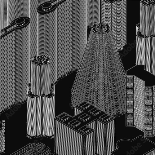 Black and white animated cityscape with towering skyscrapers in dynamic motion. Contour-style illustration gives the urban town a lively, energetic feel.