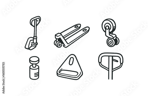 hand drawn cute out doodle style isolated pallet jack hydraulic pump lever pallet jack load forks pallet jack steering wheels pallet jack saddle plate pallet jack release valve pallet jack