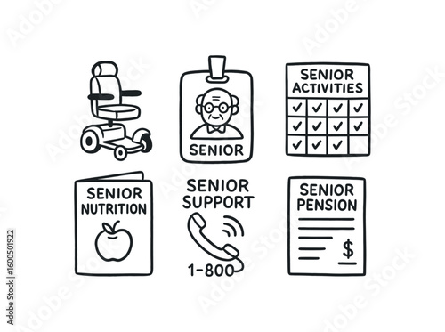 hand drawn cute out doodle style isolated senior citizen mobility scooter seat senior citizen ID badge senior citizen activities schedule senior citizen nutrition guide senior citizen