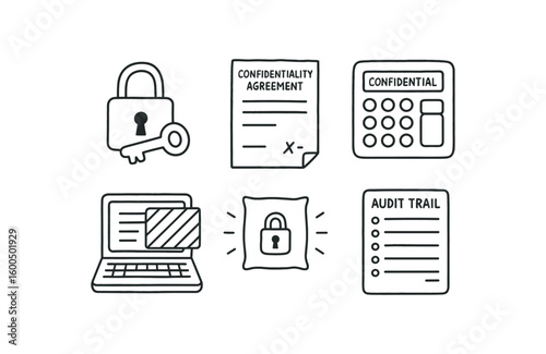 hand drawn cute out doodle style isolated confidentiality encryption key vault confidentiality agreement form confidentiality access control panel confidentiality privacy filter module