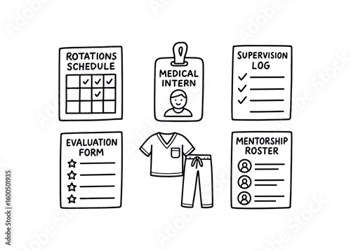 hand drawn cute out doodle style isolated medical intern rotations schedule medical intern badge holder medical intern supervision log medical intern evaluation form medical intern scbs