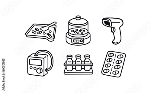 hand drawn cute out doodle style isolated medication dispensing pill counter tray medication dispensing automated carousel medication dispensing barcode scanner medication dispensing dosing