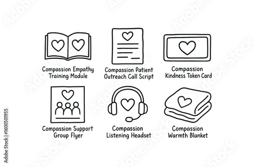 hand drawn cute out doodle style isolated compassion empathy training module compassion patient outreach call script compassion kindness token card compassion support group flyer compassion