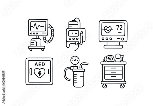 hand drawn cute out doodle style isolated intensive care unit ventilator module intensive care unit infusion pump intensive care unit patient monitor intensive care unit defibrillator
