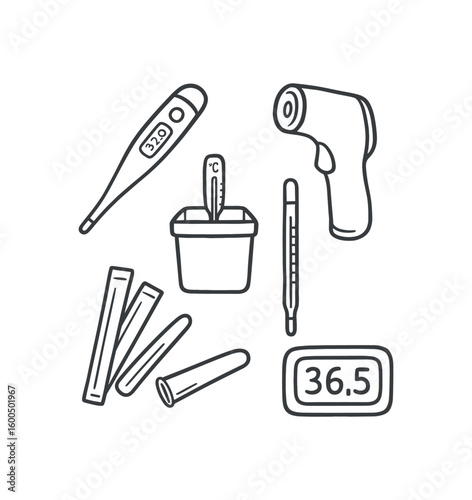 hand drawn cute out doodle style isolated thermometer digital probe tip thermometer infra sensor lens thermometer calibration bath thermometer mercury column vial thermometer probe cover