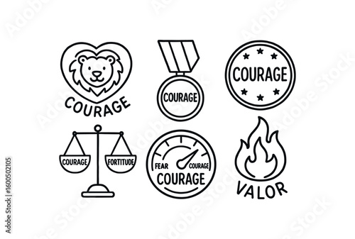 hand drawn cute out doodle style isolated courage lion heart emblem courage bravery medal badge courage challenge coin courage fortitude scale courage fear gauge courage valor flame