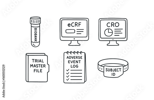 hand drawn cute out doodle style isolated clinical trial biobank sample tube clinical trial eCRF software portal clinical trial CRO oversight dashboard clinical trial trial master file