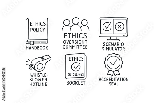 hand drawn cute out doodle style isolated ethics policy handbook ethics oversight committee ethics scenario simulator ethics whistleblower hot ethics guide booklet ethics accitation seal