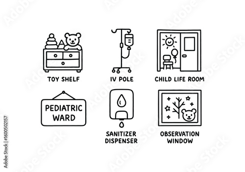 hand drawn cute out doodle style isolated pediatric ward toy shelf pediatric ward IV pole pediatric ward child life room pediatric ward signage pediatric ward sanitizer dispenser pediatric