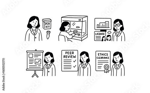 hand drawn cute out doodle style isolated medical researcher PCR kit medical researcher cell culture hood medical researcher statistical software license medical researcher conference