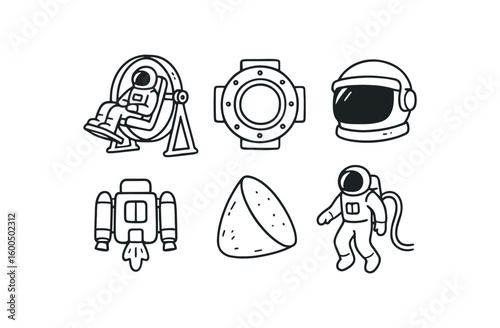 hand drawn cute out doodle style isolated astronaut training centrifuge astronaut docking port astronaut visor anti glare astronaut jetpack unit astronaut reentry shield astronaut spacewalk
