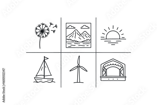 hand drawn cute out doodle style isolated freedom dandelion seed head freedom mountain vista photo freedom sunrise horizon freedom sailing mast rig freedom wind turbine blade freedom open