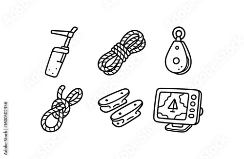 hand drawn cute out doodle style isolated sailing dder assembly sailing jib sheet rope sailing tacking block pulley sailing knot guide sailing deck cleats sailing GPS chart plotter