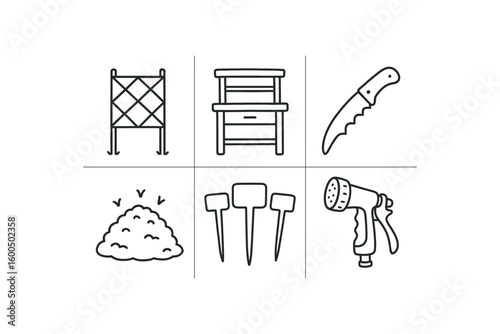 hand drawn cute out doodle style isolated gardening trellis panel gardening potting bench gardening pning saw gardening mulch layer gardening plant label stakes gardening hose nozzle