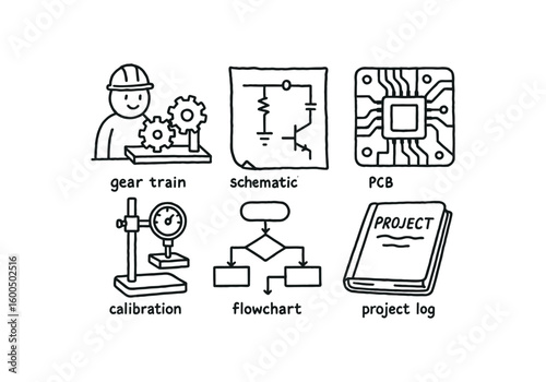 hand drawn cute out doodle style isolated engineer gear train model engineer schematic diagram engineer PCB prototype engineer calibration jig engineer flowchart template engineer project