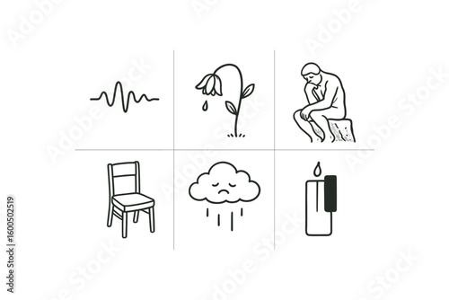 hand drawn cute out doodle style isolated sadness sigh soundwave sadness drooping flower sadness sorrow stone sculpture sadness empty chair sadness overcast sky sadness silent piano key