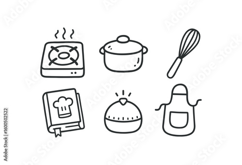 hand drawn cute out doodle style isolated cooking stove burner cooking saucepan lid cooking whisk tool cooking recipe book cooking timer alarm cooking apron pocket